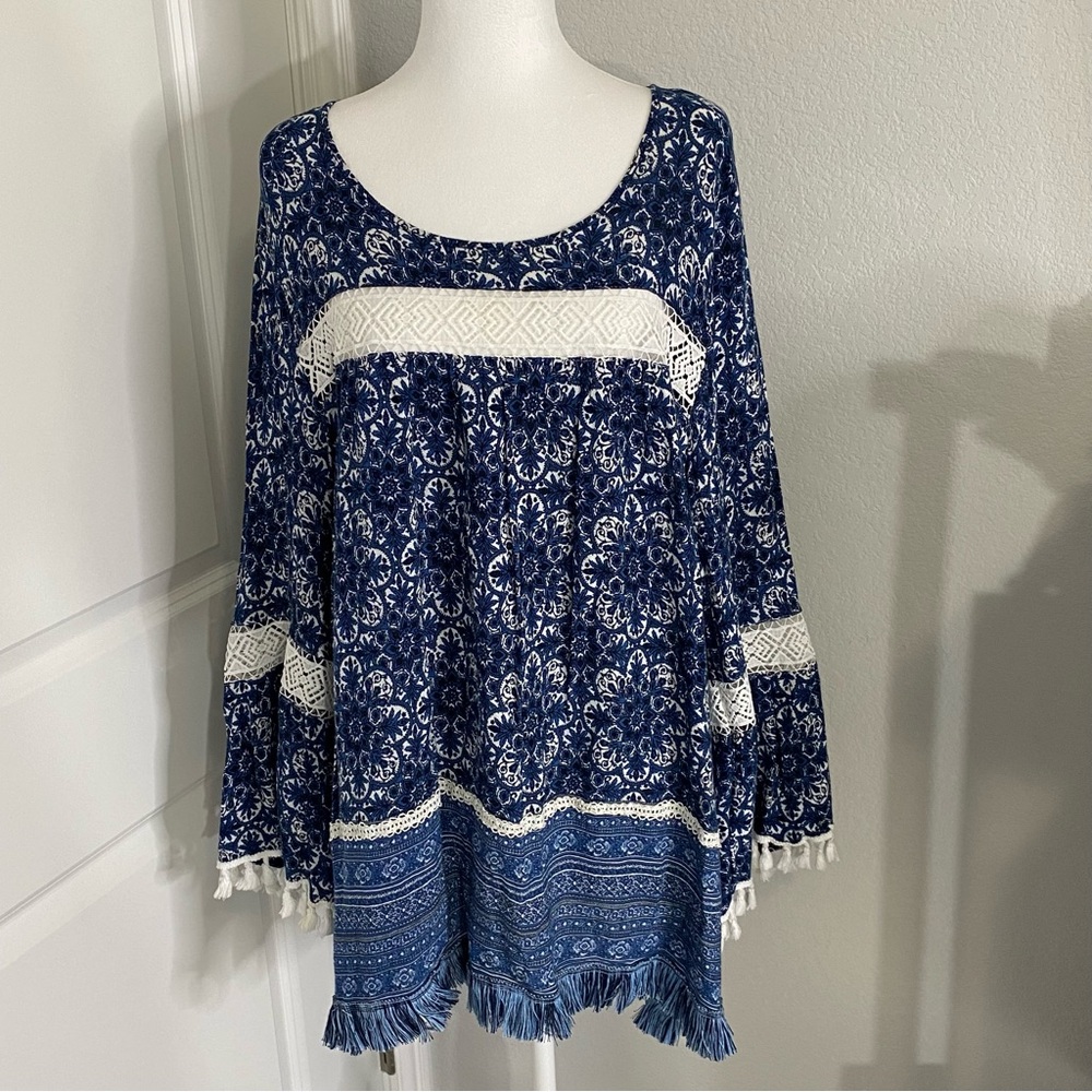 Caleoas Womens 1X Boho Fringe Tassels Tunic Top Rayon Blue White